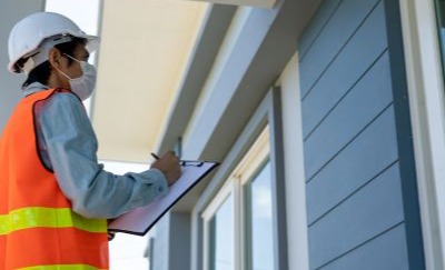 man wearing reflective vest and helmet inspecting home